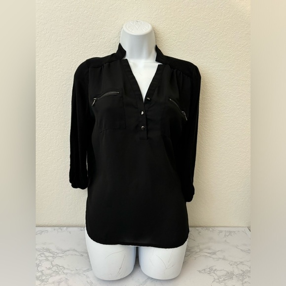 My Michelle Tops - My Michelle Long Sleeve Button Henley Top Women’s Small Black Zip Pockets H​​